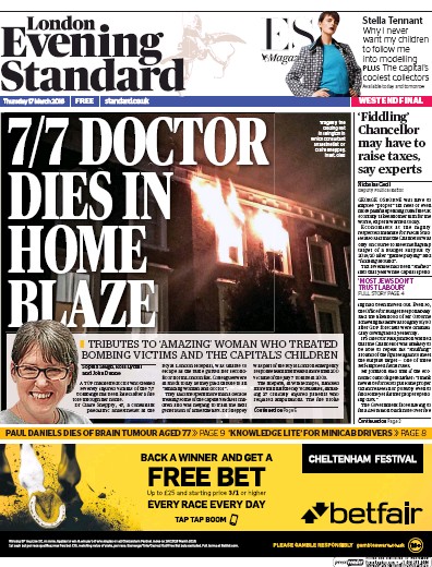 London Evening Standard Newspaper Front Page (UK) for 18 March 2016