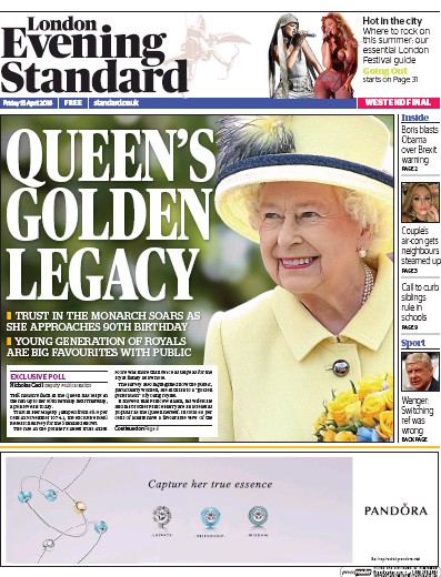 London Evening Standard Newspaper Front Page (UK) for 18 April 2016