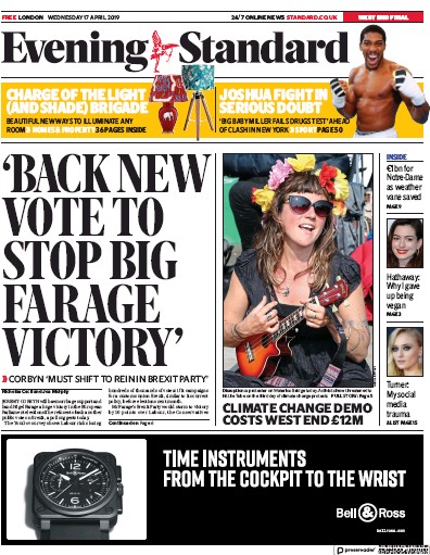 London Evening Standard Newspaper Front Page (UK) for 18 April 2019