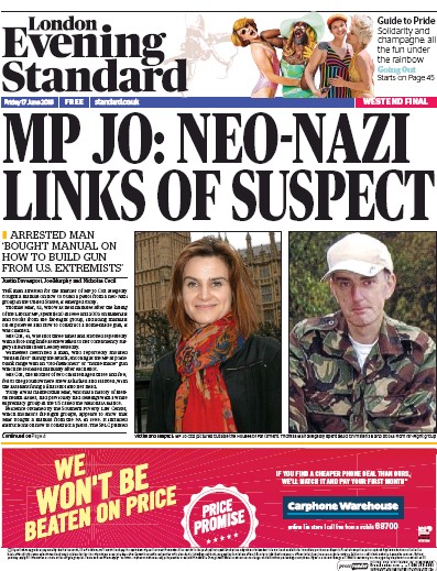 London Evening Standard Newspaper Front Page (UK) for 18 June 2016