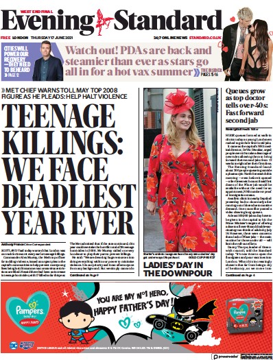 London Evening Standard Newspaper Front Page (UK) for 18 June 2021