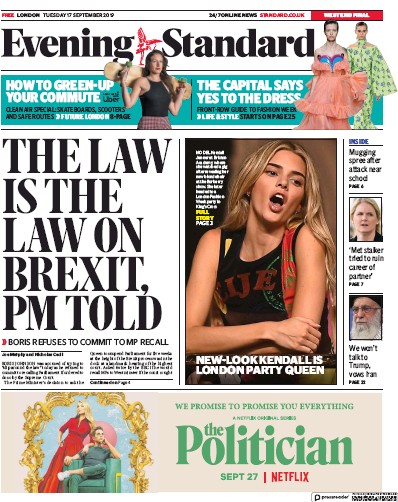 London Evening Standard Newspaper Front Page (UK) for 18 September 2019