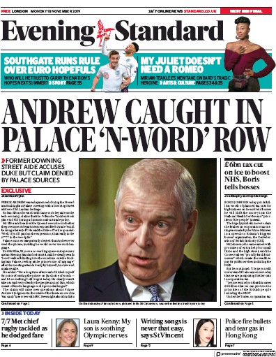 London Evening Standard Newspaper Front Page (UK) for 19 November 2019