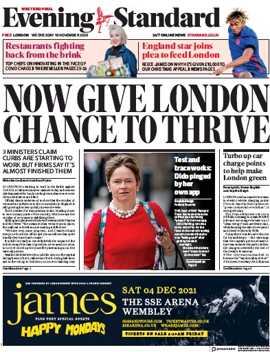 London Evening Standard Newspaper Front Page (UK) for 19 November 2020