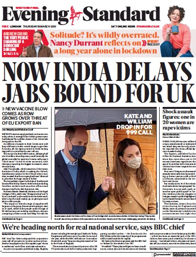 London Evening Standard Newspaper Front Page (UK) for 19 March 2021