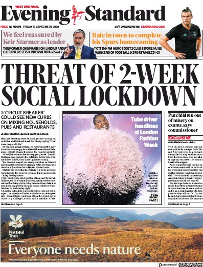 London Evening Standard Newspaper Front Page (UK) for 19 September 2020