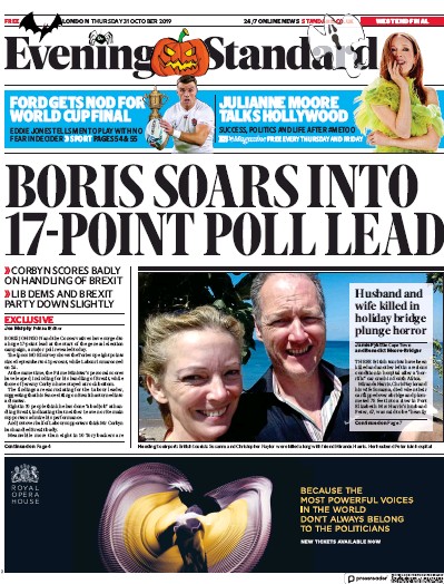 London Evening Standard Newspaper Front Page (UK) for 1 November 2019