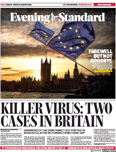 London Evening Standard Newspaper Front Page (UK) for 1 February 2020