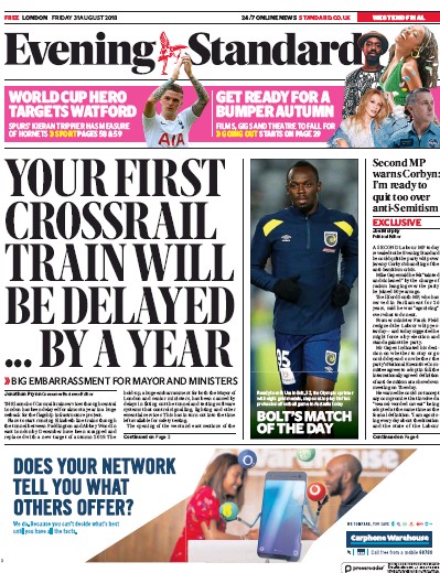 London Evening Standard Newspaper Front Page (UK) for 1 September 2018