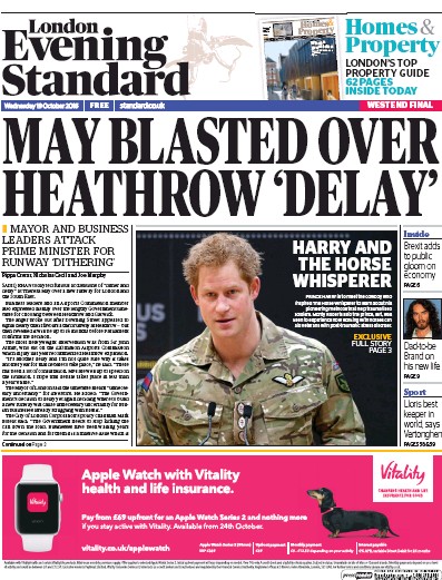 London Evening Standard Newspaper Front Page (UK) for 20 October 2016