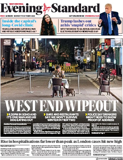 London Evening Standard Newspaper Front Page (UK) for 20 October 2020