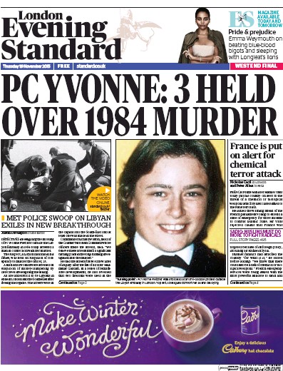 London Evening Standard Newspaper Front Page (UK) for 20 November 2015