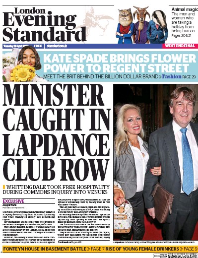 London Evening Standard Newspaper Front Page (UK) for 20 April 2016