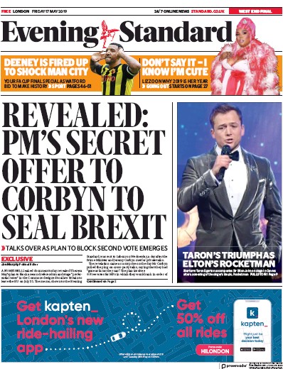 London Evening Standard Newspaper Front Page (UK) for 20 May 2019