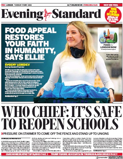 London Evening Standard Newspaper Front Page (UK) for 20 May 2020