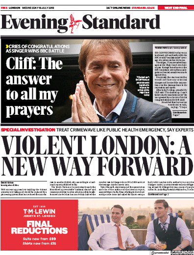 London Evening Standard Newspaper Front Page (UK) for 20 July 2018