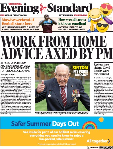 London Evening Standard Newspaper Front Page (UK) for 20 July 2020