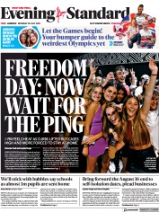 London Evening Standard (UK) Newspaper Front Page for 20 July 2021