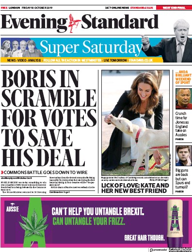 London Evening Standard Newspaper Front Page (UK) for 21 October 2019