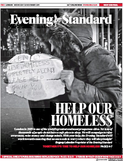 London Evening Standard Newspaper Front Page (UK) for 21 November 2019