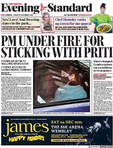 London Evening Standard Newspaper Front Page (UK) for 21 November 2020