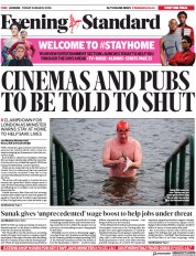 London Evening Standard (UK) Newspaper Front Page for 21 March 2020