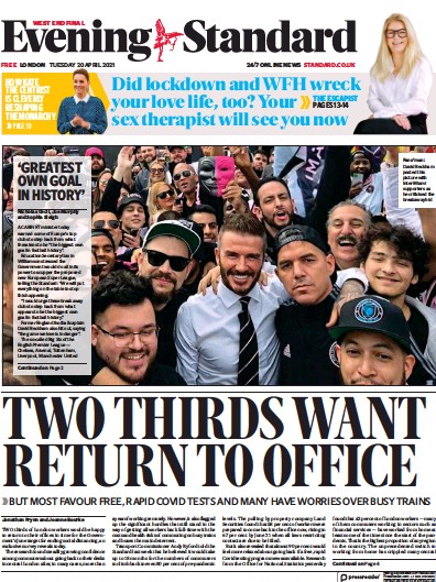 London Evening Standard Newspaper Front Page (UK) for 21 April 2021