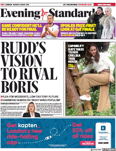 London Evening Standard Newspaper Front Page (UK) for 21 May 2019