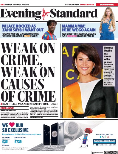 London Evening Standard Newspaper Front Page (UK) for 21 July 2018