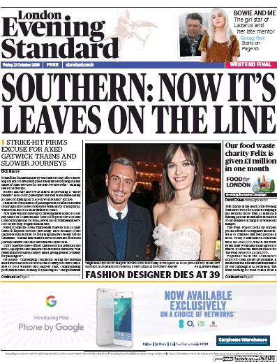 London Evening Standard Newspaper Front Page (UK) for 22 October 2016