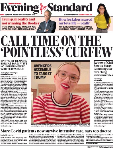 London Evening Standard Newspaper Front Page (UK) for 22 October 2020