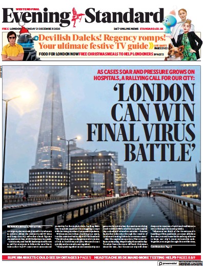 London Evening Standard Newspaper Front Page (UK) for 22 December 2020