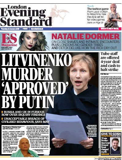 London Evening Standard Newspaper Front Page (UK) for 22 January 2016