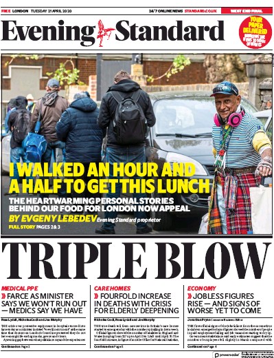 London Evening Standard Newspaper Front Page (UK) for 22 April 2020