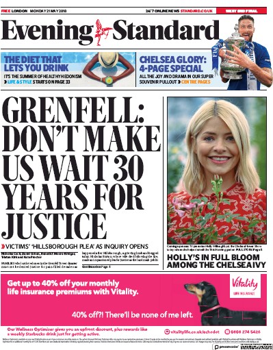 London Evening Standard Newspaper Front Page (UK) for 22 May 2018