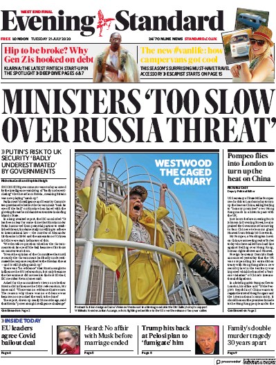 London Evening Standard Newspaper Front Page (UK) for 22 July 2020