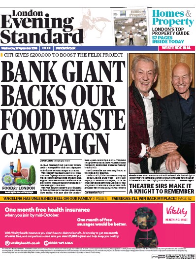 London Evening Standard Newspaper Front Page (UK) for 22 September 2016