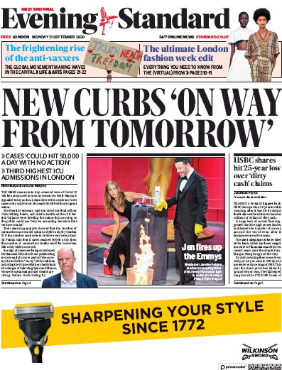 London Evening Standard Newspaper Front Page (UK) for 22 September 2020