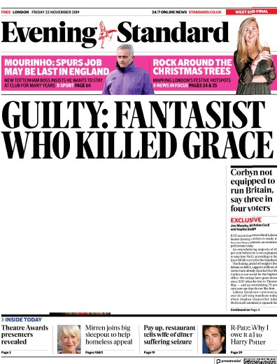 London Evening Standard Newspaper Front Page (UK) for 23 November 2019