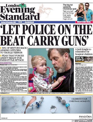 London Evening Standard Newspaper Front Page (UK) for 23 December 2015