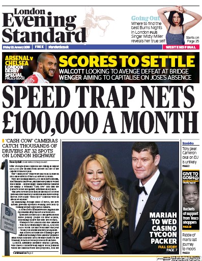 London Evening Standard Newspaper Front Page (UK) for 23 January 2016