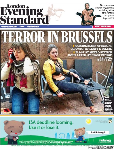 London Evening Standard Newspaper Front Page (UK) for 23 March 2016