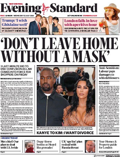 London Evening Standard Newspaper Front Page (UK) for 23 July 2020