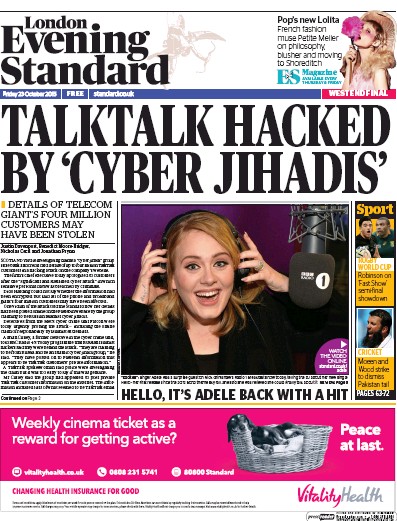 London Evening Standard Newspaper Front Page (UK) for 24 October 2015