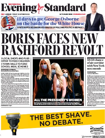 London Evening Standard Newspaper Front Page (UK) for 24 October 2020