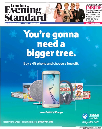 London Evening Standard Newspaper Front Page (UK) for 24 November 2015