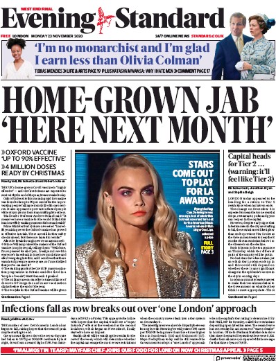 London Evening Standard Newspaper Front Page (UK) for 24 November 2020