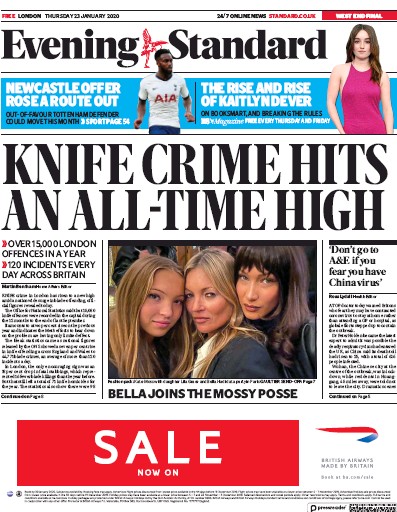 London Evening Standard Newspaper Front Page (UK) for 24 January 2020