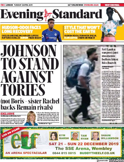 London Evening Standard Newspaper Front Page (UK) for 24 April 2019