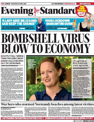 London Evening Standard Newspaper Front Page (UK) for 24 April 2020